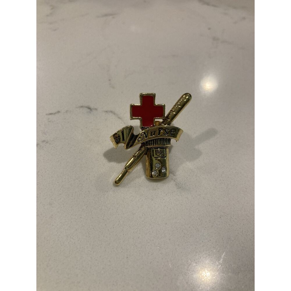 Avon Vintage 1996 "#1 Nurse" Pin Nursing Healthcare Red Cross Enamel Rhinestones